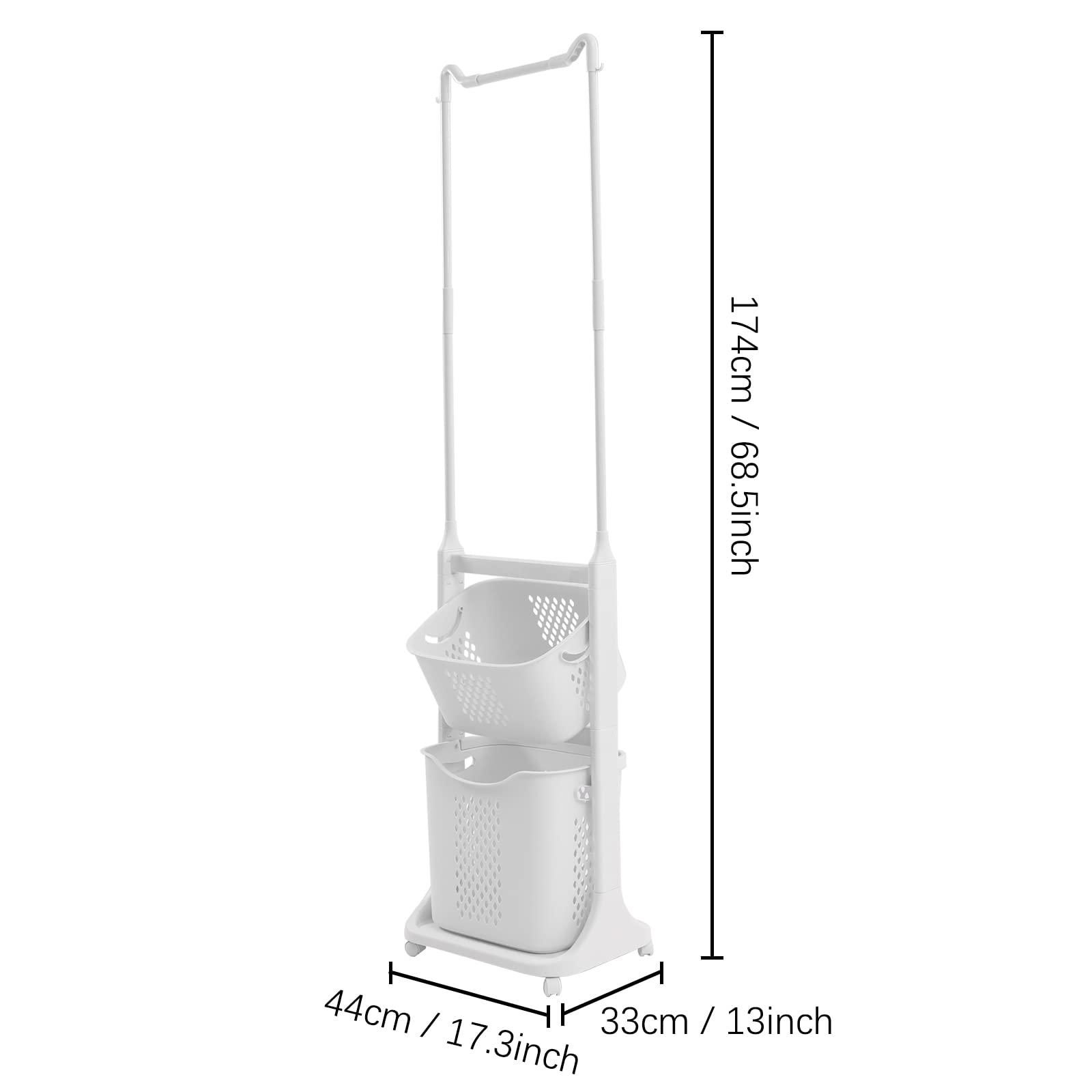 KONKENIE Laundry Sorter Cart with Clothes Rack 2 Layer Laundry Hamper Basket with Hanging Stand Dirty Clothes Storage Basket with 4 Wheels Simple Storage Shelf for Bathroom Cloakroom Bedroom White