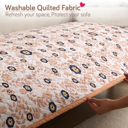 Image of HOKIPO 'Homehues Series' Printed Quilted Sofa Cover Mat for 5 Seater Set - Light Peach Candytuft (IN-806 * 2 + IN-809 - D6)