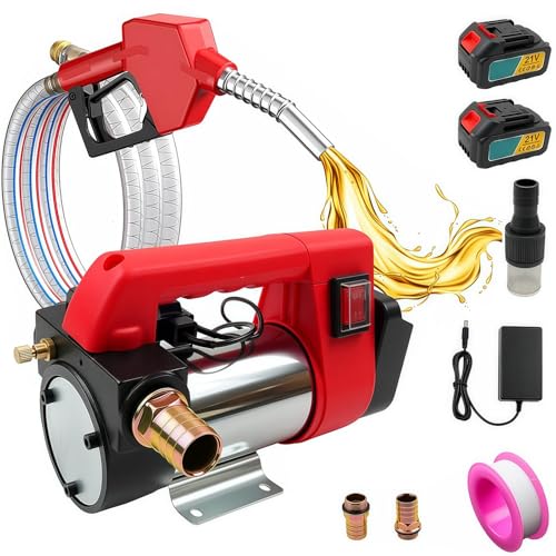 Fuel Transfer Pump Battery Powered, 12 GPM Cordless Fuel Transfer Pump Kit with 21V 2 x 2.6Ah Batteries, Auto Shut-Off Nozzle & 2×6.6 FT Hose, Self-Priming Gas Pump Kit for Diesel Kerosene