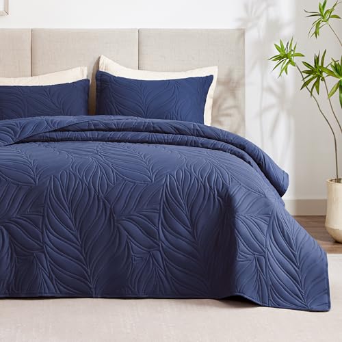 EXQ Home Quilt Set Full Queen Size Navy 3 Piece,Lightweight Soft Coverlet Modern Style Leaf Pattern Bedspread Set(1 Quilt,2 Pillow Shams)