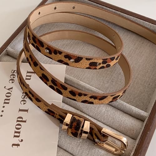 3 Pack Skinny Women Faux Leather Belt for Jeans Ladies Solid Color Thin Waist Belt Leopard Print Belt for Dresses Adjustable with Gold Buckle 0.49" Width4