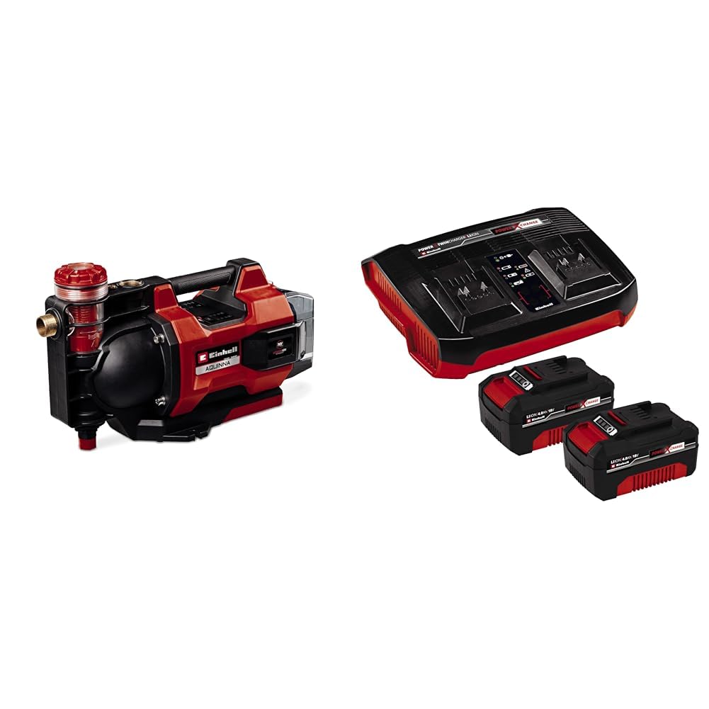 Einhell Pompe d’arrosage sans fil automatique AQUINNA 36/38 F LED AUTOMATIC Power X-Change (36V, débit max. 3 800 L/h, hauteur de refoulement max. 37 m, ÉCO/BOOST) + Twincharger et 2 Batteries 4,0Ah