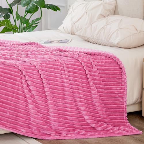 Image of BEDELITE Fleece Blanket Queen Size - 3D Ribbed Jacquard Soft and Warm Decorative Fuzzy Blankets - Cozy, Fluffy, Plush Lightweight Throw Blankets for Couch, Bed, Sofa(Hot Pink, 90x90 inches)