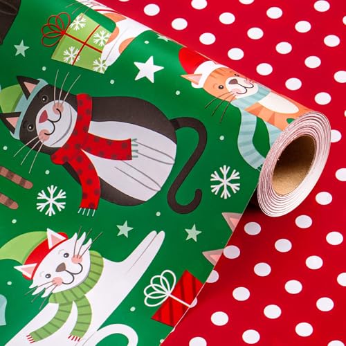 Wikadlik Geschenkpapierrolle für Weihnachten, Grün, 43 cm x 10 m, niedliche Katzen, gepunktetes Design, Geschenkpapier für Party, Dusche, Dekoration