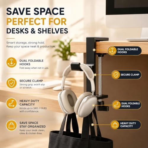JAKO New Foldable Headphone Stand for Desk, Aluminum Alloy Headphone Holder - Headset Stand Hook Space Save Mount, Universal Fit PC Gaming Headsets Holder Under Desk Clamp for Office, Computer Table - 3