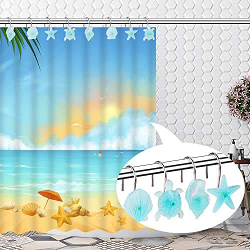 12Pcs Seashell Shower Curtain Hooks, Glow In The Dark Shower Curtain Rings Stainless Steel Rust Proof Ocean Shower Hooks For Bathroom Decor Starfish Seashell Conch Turtle #TOP5