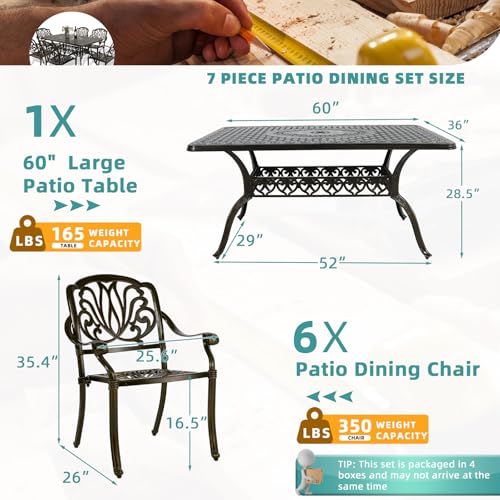 Image of MEETWARM 7-Piece Outdoor Patio Dining Set, All-Weather Cast Aluminum Patio Conversation Set for Backyard Garden Deck with 6 Chairs, 1 Rectangular Table, 2 inch Umbrella Hole, Dark Bronze
