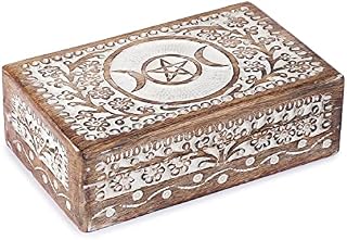 AJUNY Wooden Hand Carved Decorative Box with Moon Star Flower Carvings White - Multipurpose Use as Jewelry Storage, Trinket Holder or Watch Box, great for gifts