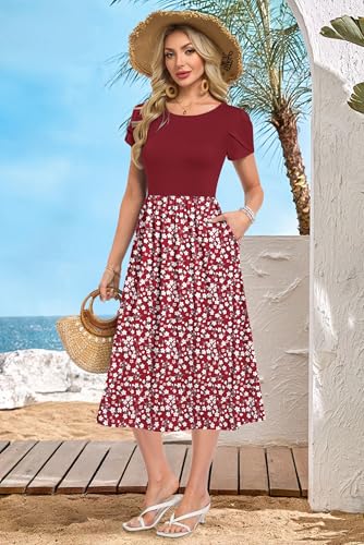 MOLERANI Damen Sommerkleider Knielang Rundhals Blumenmuster Freizeitkleid Elegant Kleider Loose Swing Damenkleid Casual Midikleid mit Taschen Rote Blume XL 6