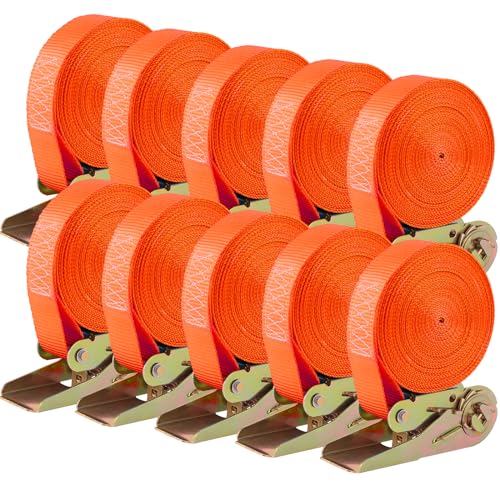 10 PCS 800 kg Sangle à Cliquet, Sangle d'Arrimage avec Tendeur, Sangle de Serrage en Polyester, Certifié CE, Longueur 6 m, Largueur 25 mm (Orange)