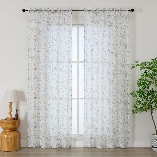 OWENIE Floral Sheer Curtains 84 Inches Long 2 Panels Set, Farmhouse Light Filtering Printed Crushed Semi Sheer Patterned Curtains for Bedroom Living Room, Rod Pocket, Each 42" W x 84" L by OWENIE - Used condition - Image 2