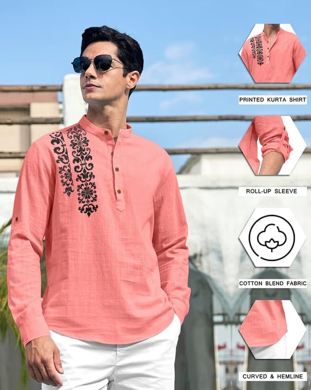 Image of FINIVO FASHION Men's Cotton Blend Short Kurta Shirt | Casual Ethnic Wear with Roll-Up Sleeves & Mandarin Collar | Comfortable Fit Tunic for Festive, & Summer Outings