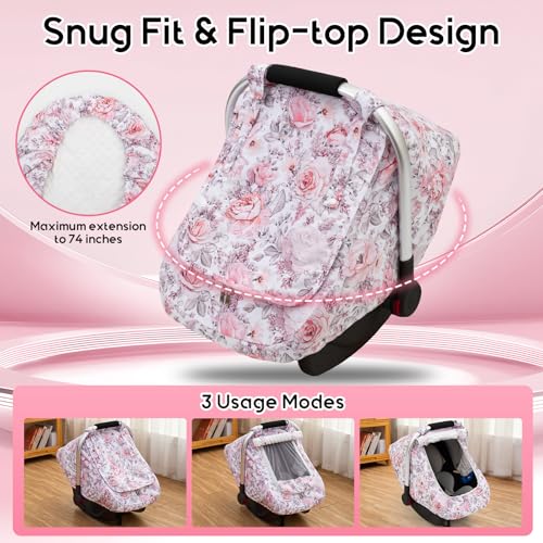 Image of Car Seat Cover Baby Girls, Mink Dot Carseat Covers for Newborn with Breathable Mesh and Sun Shade Window, Warm Stretchy Infant Car Seat Canopy Snug Fit Baby Carrier, Stroller