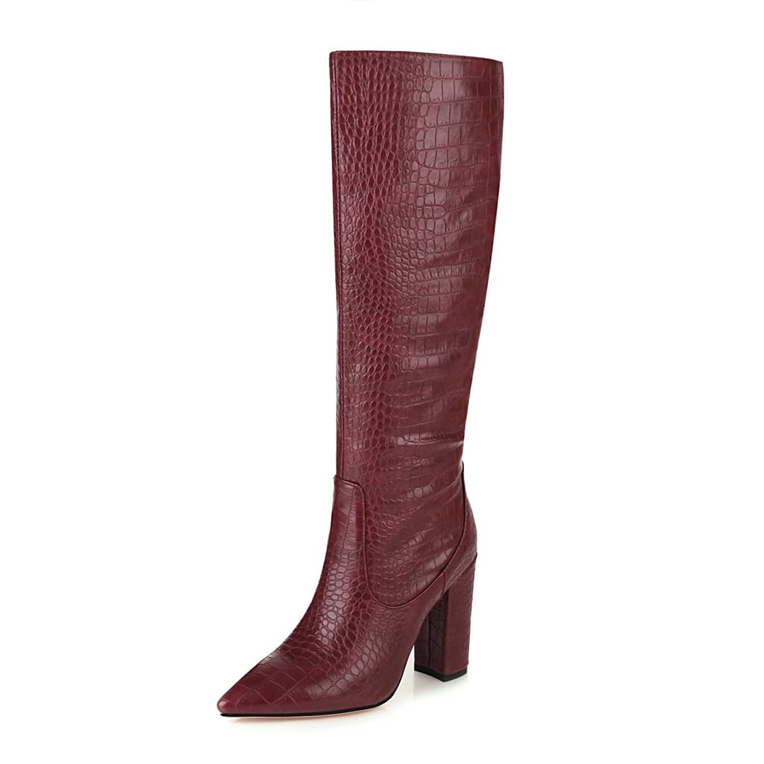 BEAUPAS Womens Knee High Boots Crocodile Pattern Leather Block Heel Pointed Toe Long Tall Boots