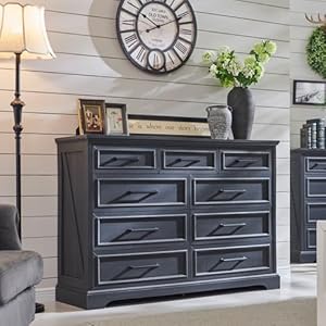 Farmhouse 9 Drawer Dresser for Bedroom, 36 Inch Tall Modern Dresser TV Stand with Large Drawers & Bar Handles, Rustic Wood Dresser Chest of Drawers for Bedroom, Living Room, Hallway, Black Farmhouse 9 Drawer Dresser for Bedroom 36 Inch Tall Modern Dresser TV Stand with Large Drawers Bar Handles Rustic Wood Dresser Chest of Drawers for Bedroom Living Room Hallway Black