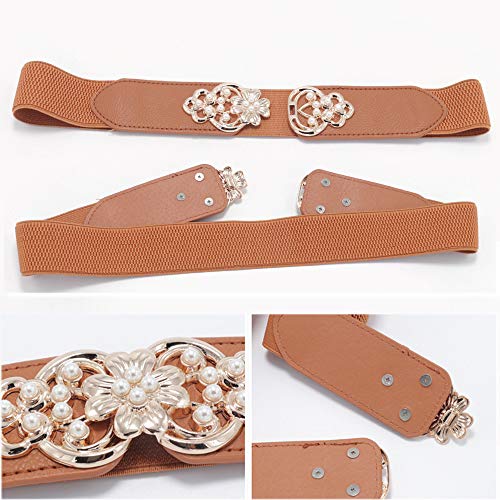 Women's Elastic Stretch Gold Plated Buckle with Pearl Waist Belts for Dress (Red)4