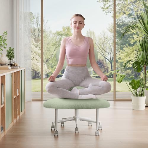 Image of Pinmoco Ergonomic Cross Legged Office Chair with Wheels, ADHD Chair for Adults, Meditation Chair, Yoga Office Chair, Comfortable Back Support, Height Adjustable,Small Spaces, Teddy Fabric, Green