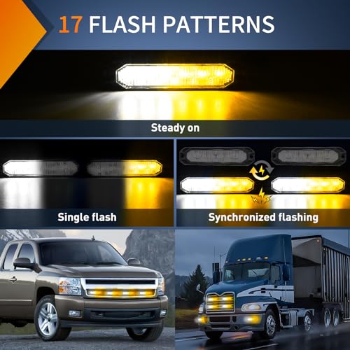 Image of Nilight 6LED Amber White Emergency Strobe Lights Sync Feature Surface Mount | 12V 24V Grille Flashing Warning Hazard Light Ultra Slim for Cars Trucks Van Off Road Vehicles SUV 4PCS