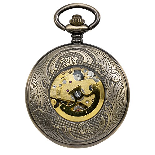 Image of TREEWETO Mechanical Pocket Watch Magnifier Case Steampunk Skeleton Roman Numerals Dial for Men Women