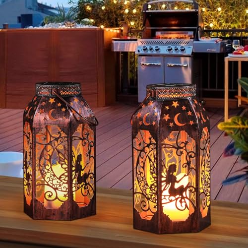 Image of Solar Lanterns Outdoor Waterproof Fairy LED Metal Lantern Candle Glow | Bronze Moon Hollow Design, Vintage Fairy Style, Garden Decor for Yard, Patio, Backyard 2 Pack