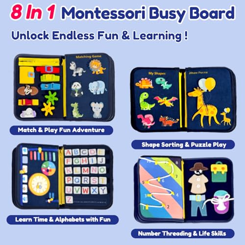 Image of Qizfun Toddler Busy Board Montessori Toys - Sensory Busy Book, Educational Learning Travel Toy for Airplane & Car, Keeps Toddlers Entertained, Birthday Gifts for Toddler Boys Girls (Blue /P8)