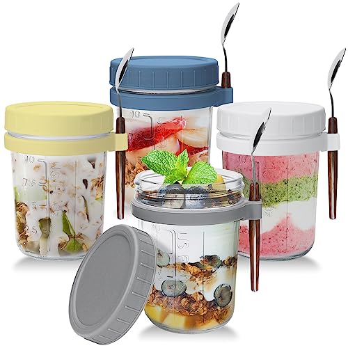 UHAPEER Pots à céréales en verre à emporter avec couvercle et cuillère, set de 4 pots à yaourt à emporter, bocaux à overnight oats de 350ml, pots à salade pour yogourt, porridge, cornflakes, muesli