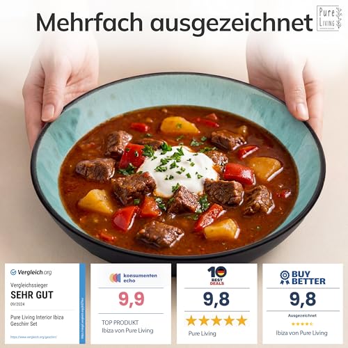 Foto von Steingut Suppenteller 6 Personen Ibiza TESTSIEGER, Traumhaftes Mediterranes Steingut Tiefe Teller Set, Pasta Teller Tief Groß - Pure Living in Salbeigrün