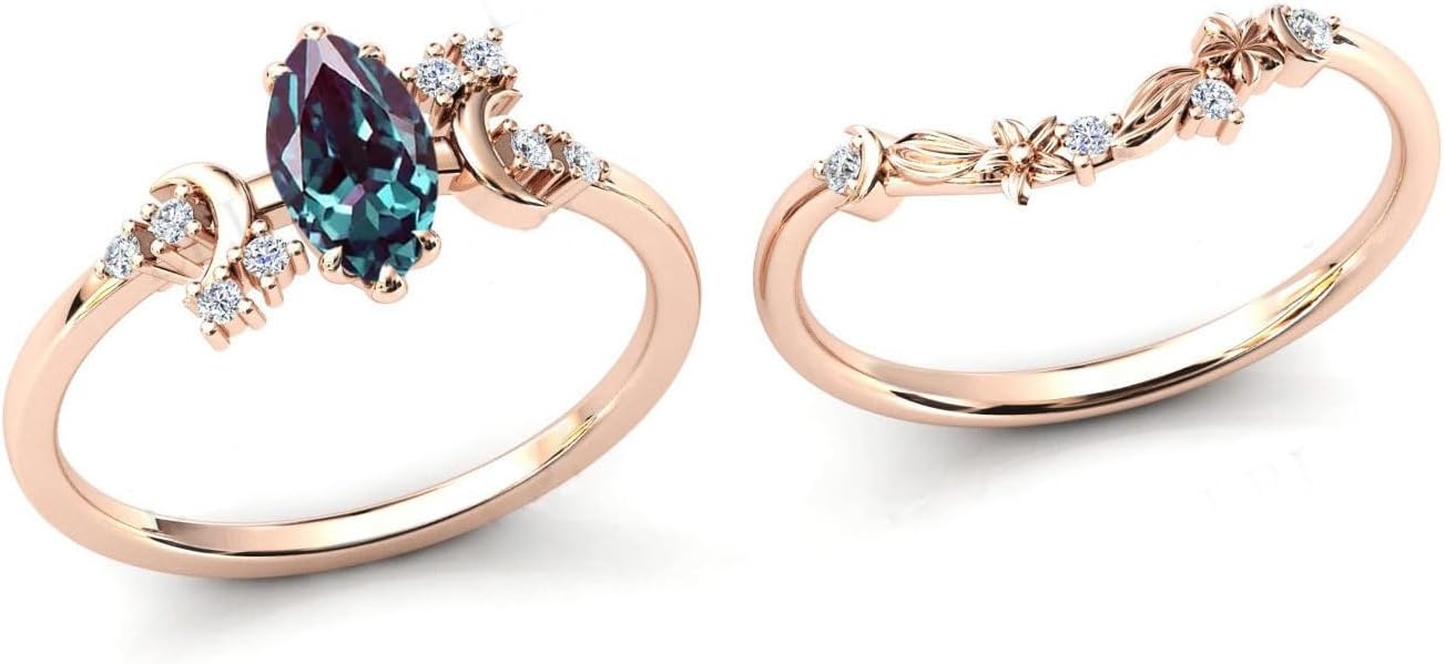 10K 14K 18K Black Gold Marquise Gemstone Engagement Ring Set for Women 925 Sterling Silver Gemstone Triple Moon Goddess Art Deco Bridal Wedding Ring Set (Size 4-15) - Image 2