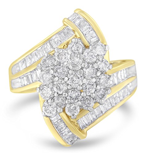 Original Classics 10K Yellow Gold Round and Baguette Diamond Crossover Cluster Ring (3 Cttw, I-J Color, I1-I2 Clarity) - Size 7-1/2