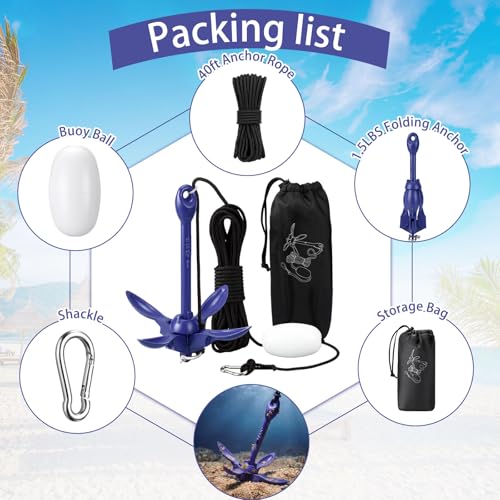 Image of MorningRo 1 Pack 1.5 /3.5 lb Marine Kayak Anchor Kit with 40ft Rope and Buoy Folding Grapnel Boat Anchor Kit Kayak Fishing Accessories for Small Boats, Canoe, SUP Paddle Boards