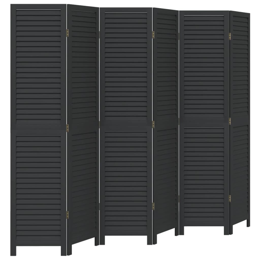 vidaXL 6-Panel Room Divider - Black Solid Paulownia Wood, Flexible Folding Privacy Screen for Living Room/Bedroom/Office, 210x180cm
