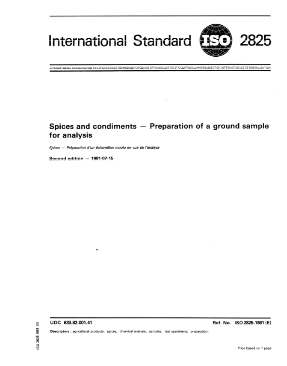 ISO 2825:1981, Spezie e condimenti -- Preparazione di un campione macinato per l'analisi