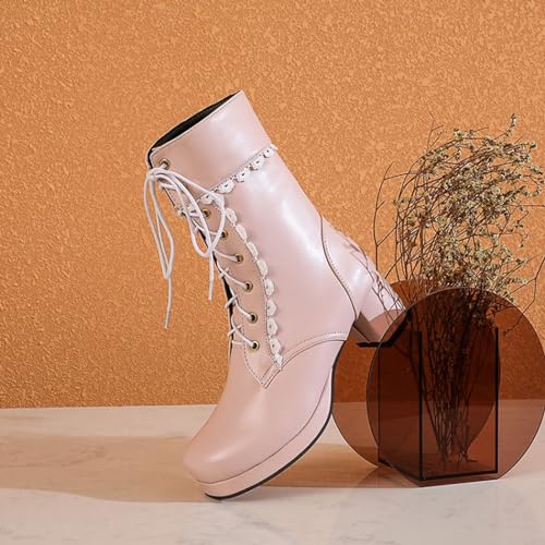 Alyaafifa Platform Ankle Combat Boots for Women Chunky Block Mid Heel Closed Round Toe Lace Up Booties Leather Short Boots Dressy Comfortable Party Holiday Travel Christmas 7