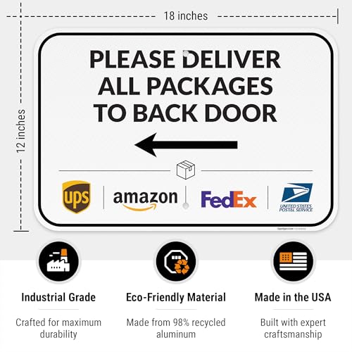 Image of Package Delivery Sign, Delivery Instructions Deliver All Package to Back Door Left Arrow Sign, 12x18 Inches, 3M EGP Reflective .063 Aluminum, Fade Resistant, Made in USA by Sigo Signs