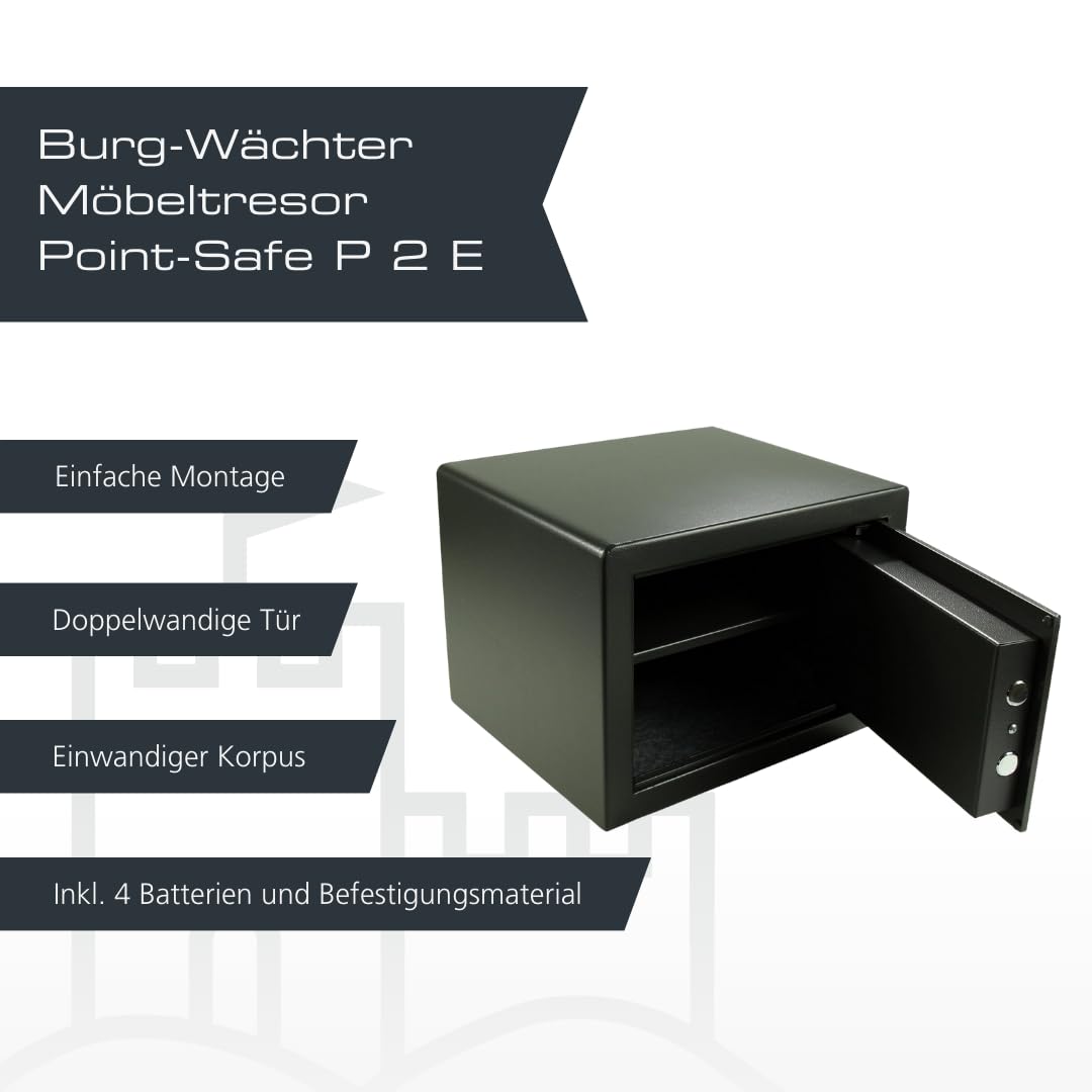 BURG-WÄCHTER Möbeltresor mit elektronischem Zahlenschloss, inkl. Fachboden, Doppelwandige Tür, 20,5 l, 14,5 kg, Point-Safe P 2 E, Schwarz