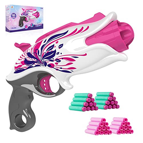 Zecong Girls Toy Gun for Nerf Guns Bullet, Small Blaster Gun Toy Pistol with 40 Pcs Soft Foam Darts, 5-Dart in Rotating Barrel and Bolt-Action Priming, Shooting Game for Indoor, Outdoor (Pink)