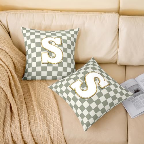 Image of Erosebridal Sage Green Checkered Throw Pillow Covers 18x18 Set of 2 Plaid Initial S Cushion Cover Personalized Monogram Throw Pillow Case for Bed Couch Sofa Fashion Grids Gingham Home Decor