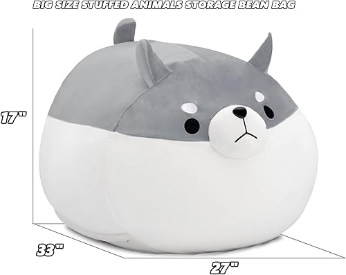 Miniatura 5 de Funda para puf de almacenamiento de animales de peluche para niños, color gris, Shiba Inu, para niñas, tamaño XL, funda organizadora de juguetes