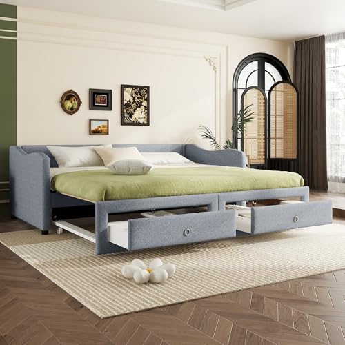 Trdlpyn Daybettt 90x200 cm Divano Letto Estraibile, Divano Letto con Due Cassetti, Lino (Senza materasso), Grigio