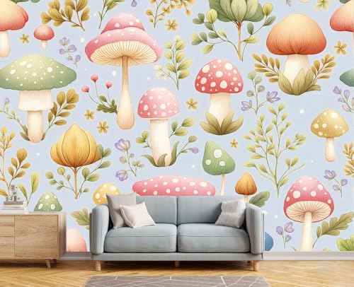 Poster géant mural champignon mignon pour décorer une chambre d'enfant fleurie