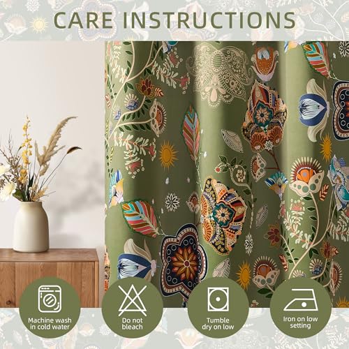 Image of XiDi Sage Green Floral Patterned Curtains Boho 100% Blackout Curtains 52x84