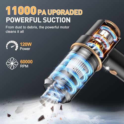 Image of KMM Handheld Car Vacuum Cleaner, 11000PA Vacuum Cleaner & Air Duster, 120W High Power Vacuum Portable Cordless, Hand Held Vacuum Rechargeable with Multi-Nozzles & LED Light for Home, Car, Office