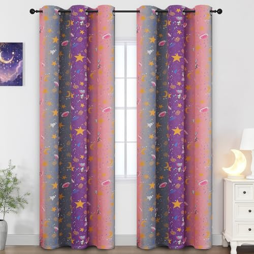 Image of Pink Purple Grey Rainbow Blackout Curtains for Girls Bedroom 84 inches Long
