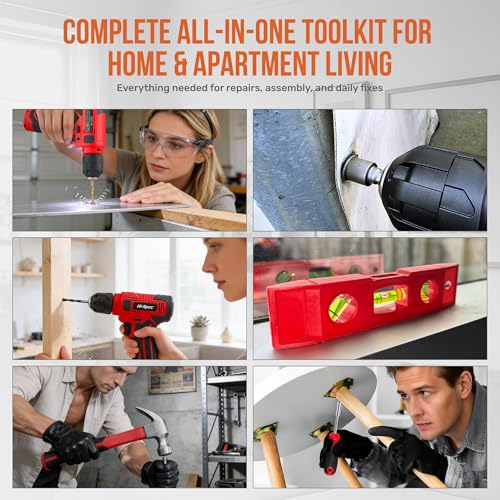 Image of Hi-Spec 8V Cordless Drill Set and Starter Tool Kit for Home Projects, Red | Rechargeable USB, Repairs and Maintenance, DIY, faster holes and screwdriving, light-duty projects, home setup help