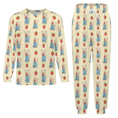 Cute Cat Strawberry Men’s Pajama Set Long Sleeve Top And Pants Loungewear Sleepwear Pjs Nightwear3
