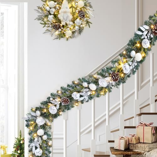 GarveeHome Christmas Garland with Lights, 6 Ft Silver White Lighted Christmas Garland with Pine Cones Ball Ornaments Battery Operated Lights for Indooor Outdoor Mantle Stairs Railing Decorations