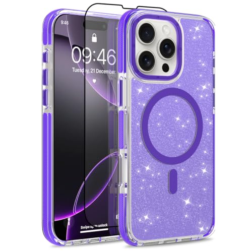 Image of Magnetic Case for iPhone 16 Pro Max [Compatible with Magsafe] [Bling Glitter Fluorescent Design] [1 Screen Protector] Slim Translucent Matte Case for iPhone 16 Pro Max 6.9 inch 2024, Purple