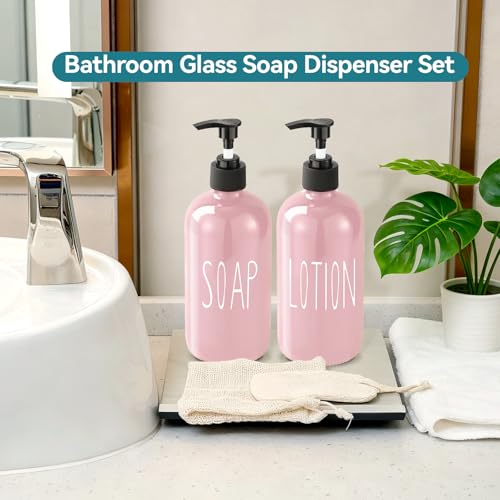 Image of COHOSEGE Glass Soap Dispenser Set 2 Pack,16 Oz Hand Soap Dispenser for Bathroom,Pink Kitchen Accessories and Bathroom Decor,Soap and Lotion Dispenser Set for Bathroom