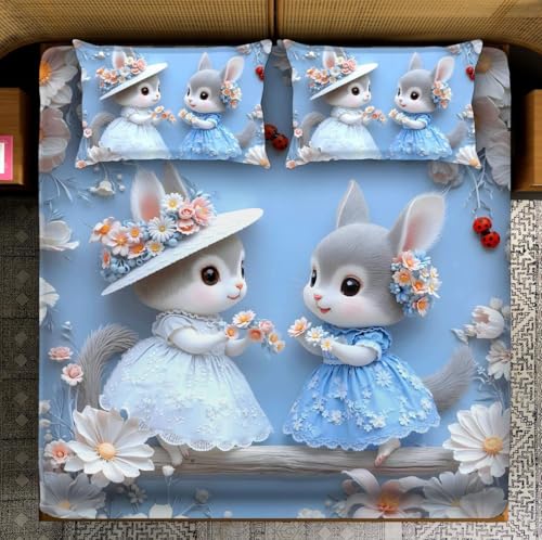 Image of Digital Printed Heavy Quality Glace Cotton 7D Bedsheet for Double Bed, 90 inch x 100 inch Flat Bedsheet with 2 Matching Pillow Covers, 300 TC (Bunny Blossom)