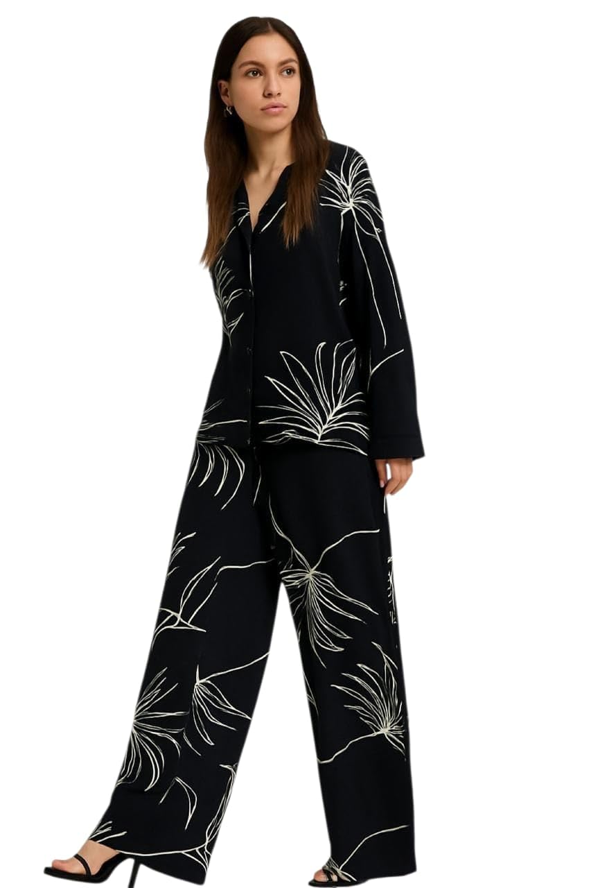 simnilstudio Black Ethnic Co-ord Set for Women with Abstract White Leaf Print | Black Relaxed Fit Shirt & Wide-Leg Pants | Indo-Western Co-ord Set for Women-picture-46